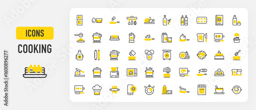 Cooking icons. Cooking Stove, Clean Dishes, Bowl, Frying Pan, Oil, Roast Chicken, Cooking Tools, Recipe, Cooking Pot, Mixing, Apron, Water Bottle, Milk vector stroke illustration.	
