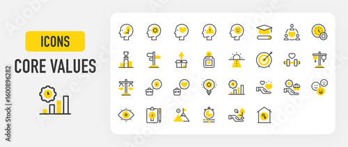 Core values icons. Fitness, Loyalty, Responsibility, Optimism, Time, Vision, Mind, Guidance, Target, Efficiency, Competition, Creativity, Quality Control vector stroke illustration.	
