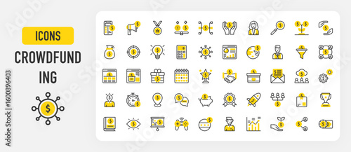 Crowdfunding icons. Money Bag, Donation, Deal, Investment, Analytics, Countdown, Savings, Help, Teamwork, Growth, Bar Chart, Investor, Startup, Calendar vector stroke illustration.	
