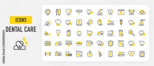 Dental care icons. Happy Tooth, Tooth Cleaning, Shield, Dental Implant, Pain, Dentist, Mouth, Extraction, No Coffee, Implant, Folder, Teeth, Clipboard, Add vector stroke illustration.	
