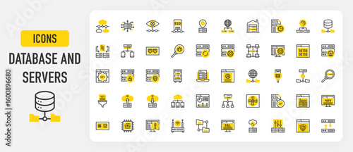 Database and server icons. Server, Error, Lan, Scheme, Technology, File Sharing, Backup, Upload, Malware, File Transfer, Sql, Login, Global, Download, Sync vector stroke illustration.	