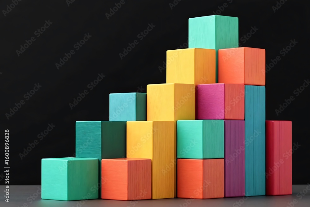 Obraz premium A colorful pyramidshaped stack of wooden blocks sits on a gray surface against a dark background in a studio shot