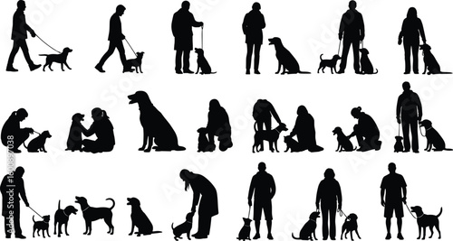 Dog and human silhouette bundle, walking playing training poses, pet interaction concept, canine companionship scenes, animal lover vector set, gesture collection artwork