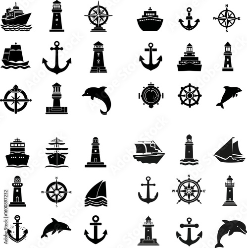 Nautical vector icons set, ships, lighthouses, anchors, compasses and dolphins art