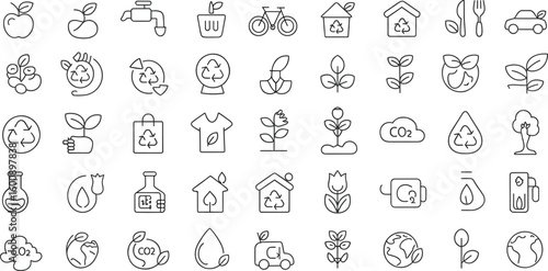 Eco-Friendly and Environmental Sustainability Line Icons: Recycling, Green Energy, Nature, Carbon Emissions, and Earth Protection Symbols Collection