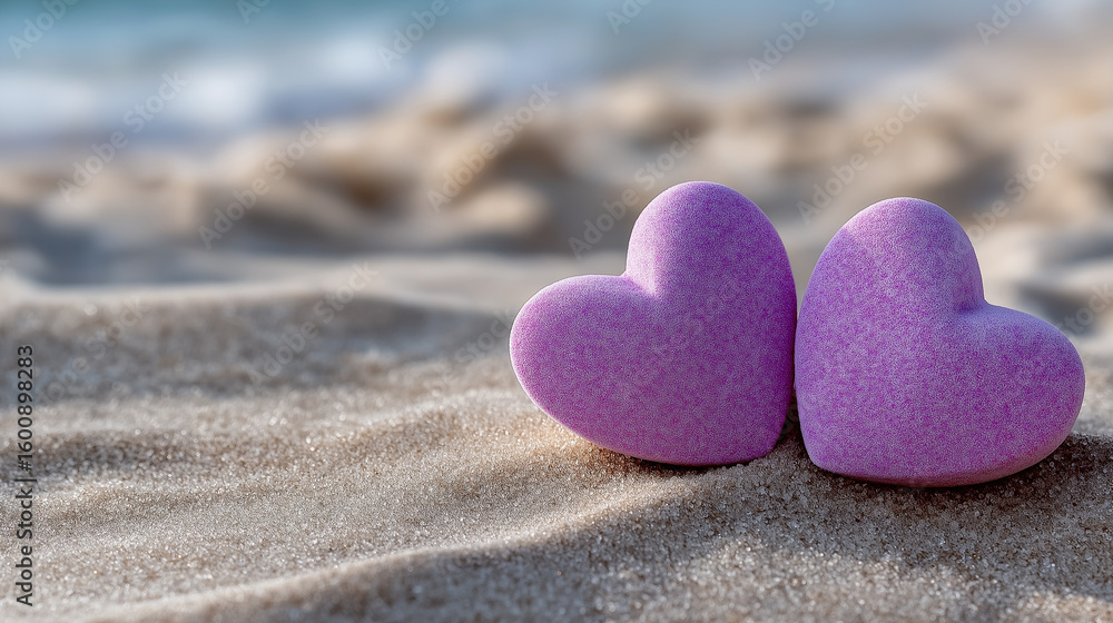 Fototapeta premium Pink candy hearts on the beach with soft sunlight