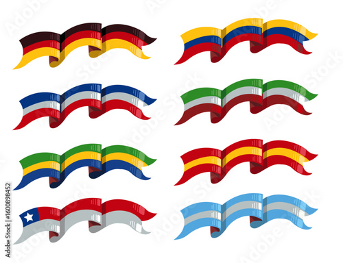8 patriotic ribbons inspired by the national colors of Argentina, Colombia, Italy, Brazil, France, Chile, Mexico, Spain, and Germany. Perfect for multicultural design, celebrations, and holidays.