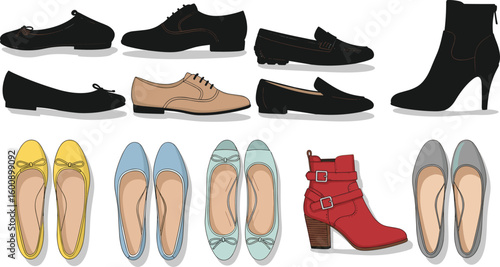 Flat vector illustration of stylish women’s shoes collection, casual and formal footwear, colorful flats, boots, loafers and heels, CAD drawing for fashion useFlat vector illustration