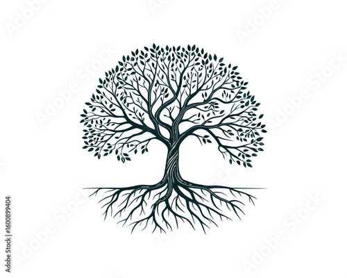 This detailed, graphic illustration showcases a majestic tree, meticulously rendered with intricate details of the leaves and roots