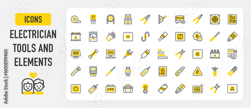 Electrician tools and elements icons. Fuse, Settings, Dimmer, Electrical Panel, Fluorescent Light, Insulating Tape, Voltmeter, Fuse Box, Generator, Clamps vector stroke illustration.	
