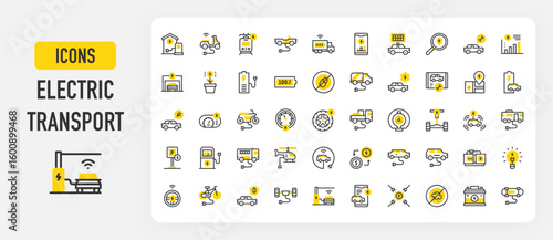 Electric transport icons. Electric Bike, Price, No Pollution, Electricity, Statistics, Train, Electric Car, Maintenance, No Fuel, Charging Station, Plug vector stroke illustration.	
