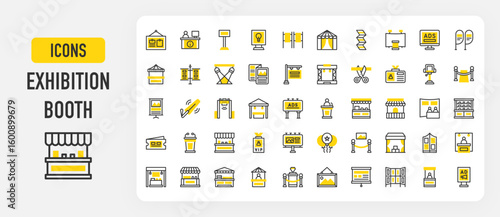 Exhibition booth icons. Booth, Exhibitor, Stand, Snack Booth, Pop, Spotlights, Billboard, Information, Opening Ceremony, Bow Flags, Speech, Brochure, Light vector stroke illustration.	
