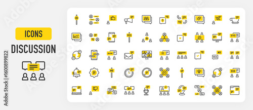 Discussion icons. Moderator, User, Chat, Discussion, Notification Bell, Laptop, No Talking, Video Call, Analysis, Monitor, Agree, Idea, Disagreement, Place vector stroke illustration.	
