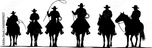 A vector silhouette 5 cowboys riding horses. Two of the ranch cowboys are holding lariats / ropes.