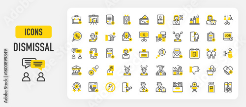 Dismissal icons. Compete, Cancelation, Burden, Dismiss, Factory, Contract, Search, Discussion, Cancellation, Workplace, Angry, Rejection, Unemployment vector stroke illustration.	
