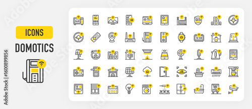 Domotics icons. Inverter, Smoke Detector, Humidifier, Irrigation, Mobile, Bath Tub, Fridge, Bulb, Bell, Electric Kettle, Temperature, Configuration, Water vector stroke illustration.	
