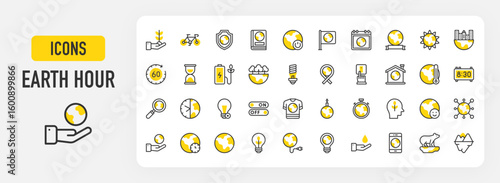 Earth hour icons. Global Warming, On Off, No Light, Clock, Happy, Polar Bear, Save The Planet, Switch Off, Chronometer, Think Green, Connection, Take Care vector stroke illustration.	
