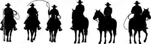 A vector silhouette 5 cowboys riding horses. Two of the ranch cowboys are holding lariats / ropes.