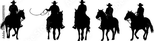 A vector silhouette 5 cowboys riding horses. Two of the ranch cowboys are holding lariats / ropes.