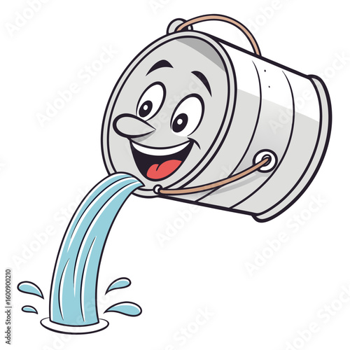 A happy cartoon metal bucket character joyfully pouring a stream of blue water onto