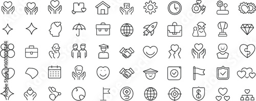 Minimal line icons, business success, teamwork, love care, protection symbol, support icons, emotional intelligence, leadership, global connection, partnership