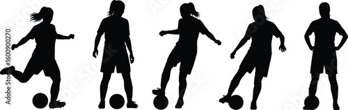 Silhouettes of soccer players in dynamic poses, kicking, controlling and standing with soccer balls, isolated on white for sports designs