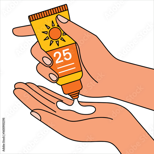 Vector illustration of a hand applying SPF sunscreen cream or lotion, isolated object ideal for sun protection and summer skincare visuals