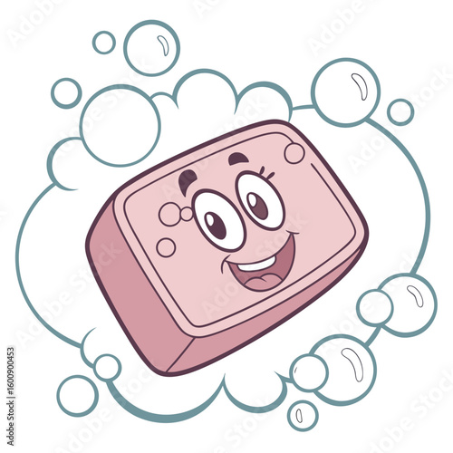 A happy cartoon pink bar of soap with a smiling face is surrounded by a ring of bubbles