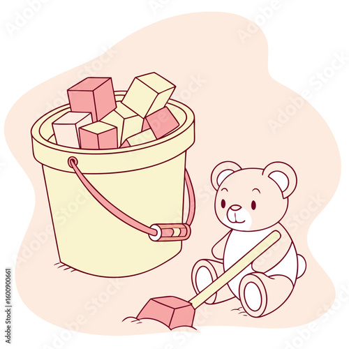 A cute teddy bear sits next to a bucket filled with colorful blocks holding a