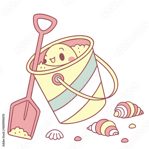 A cute cartoon sand bucket with a shovel and seashells on a beach representing