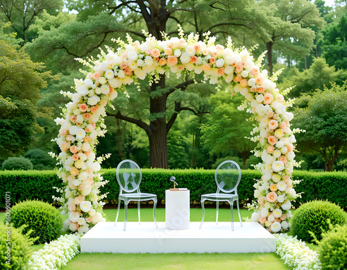 Wedding reception tables with a green accent and an outdoor summer wedding tent embellished with hanging greenery.