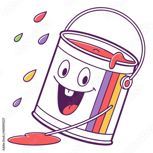A paint bucket with a happy face and rainbow stripes is spilling colorful paint