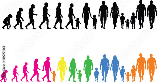 Human evolution illustration, colorful and silhouette progression, ape to modern man, diversity in humanity, scientific concept, family generations, educational biology artwork, development stages