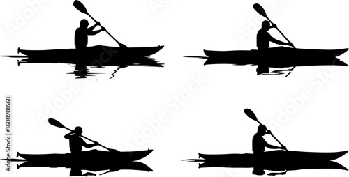 4 vector silhouettes of a man "flat water" kayaking with a silhouette reflection.
