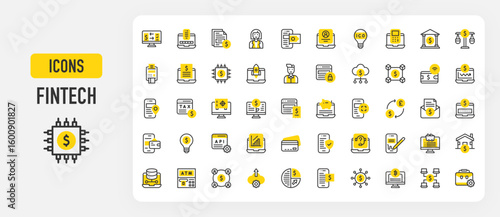 Fintech icons. Register, Api, Digital Signature, Documentation, Bank, Mining, Saas, Crowfunding, Big Data, Idea, Exchange, Balance, Password, Startup vector stroke illustration.	
