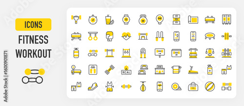 Fitness workout icons. Cardio , Elastic Band, Lose Weight, Phone, Timer, Kcal, Towel, Fitness, Running Shoe, Treadmill, Gym Clothes, Dumbbells, Punching Bag vector stroke illustration.	
