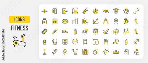 Fitness icons. Dumbbell, Supplement, Pill, Protein Bar, Checklist, Fitness App, Orange Juice, Measuring Tape, Protein Shake, Muscle, Sport Bag, Water Bottle vector stroke illustration.	