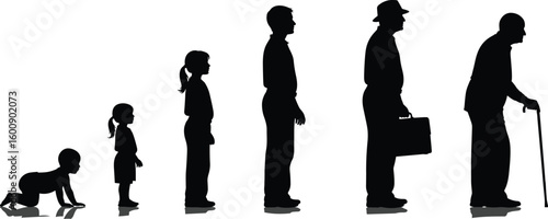 Human life stages progression, silhouette illustration, aging process, generational development, age transformation, family evolution, chronological growth, lifestyle concept, abstract people