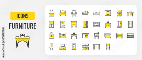Furniture icons. Kitchen Cabinet, Armchair, Double Bed, Night Stand, Tv Stand, Sofa, Cabinet, Desk, Dinner Table, Wardrobe, Door, Double Bed, Drawers vector stroke illustration.	
