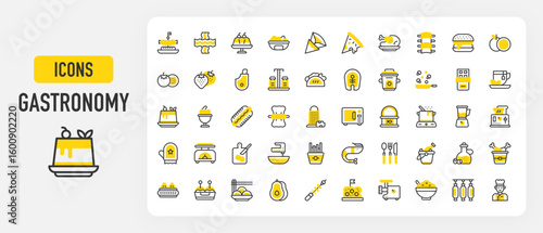 Gastronomy icons. Burger, Meat Grinder, Cooking, Tapas, Prawn, Pudding, Dim Sum, Takoyaki, Noodles, Avocado, Skewer, Cheese, Rice, Salami, Chef, Bacon vector stroke illustration.	
