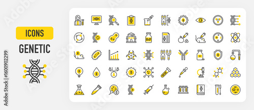 Genetic icons. Metabolism, Centrifuge, Medicine, Search, Fertilization, Petri Dish, Antibody, Nuclear, Genetic, Growth, Cell Division, Blood, Genome vector stroke illustration.	
