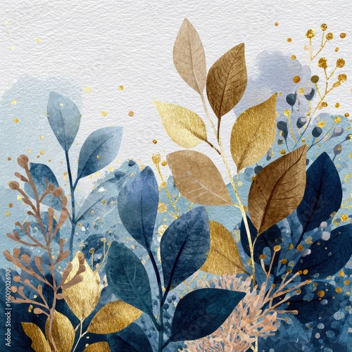 Winter background vector. Hand painted watercolor and gold brush texture, Flower and botanical leaves hand drawing. Abstract art design for wallpaper, wall arts, cover, wedding and. invite card.