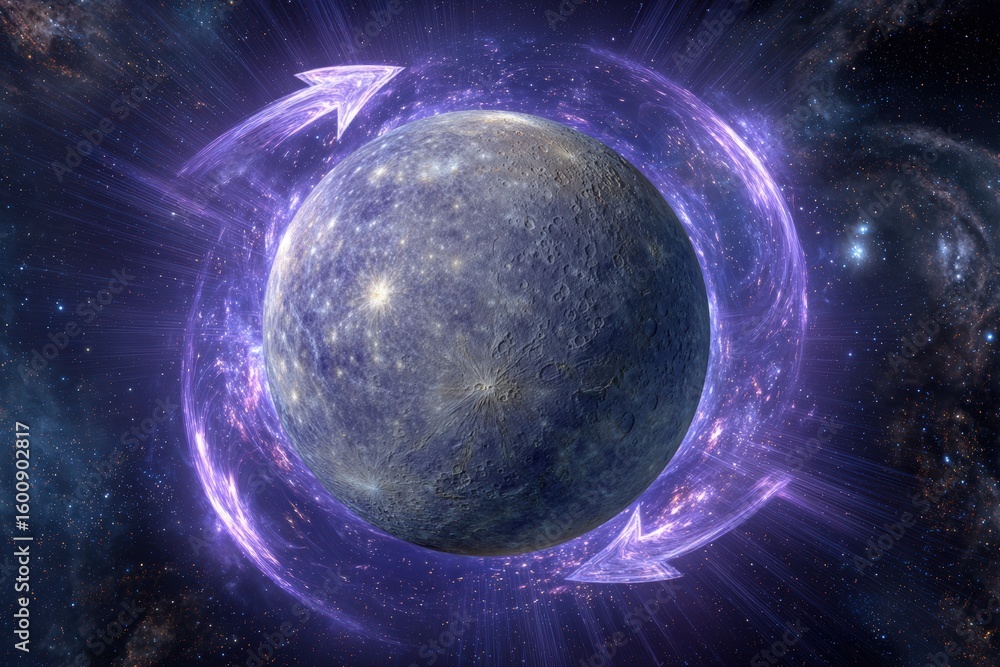 Obraz premium Cosmic representation of Mercury in retrograde, surrounded by swirling purple energy, illustrating celestial movement and astrological significance in a vibrant space environment