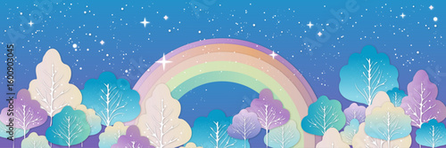 Rainbow, Trees and Stars in the Night Sky – Cute Kids Illustration