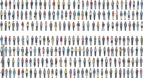 Large crowd of diverse people, colorful character illustration, community diversity theme, demographic concept design, standing group clipart, social unity vector artwork bundle