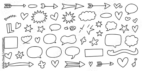 Hand-Drawn Doodle Elements: A collection of cute, black and white line art illustrations includes arrows, hearts, stars, speech bubbles, and various shapes, perfect for design projects.