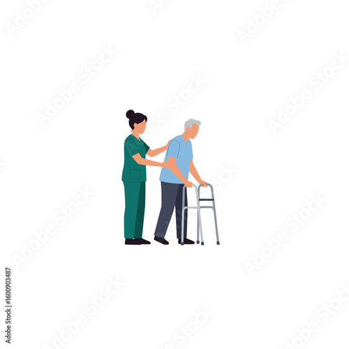 A compassionate nurse provides gentle assistance to an elderly man using a walker for improved mobility.