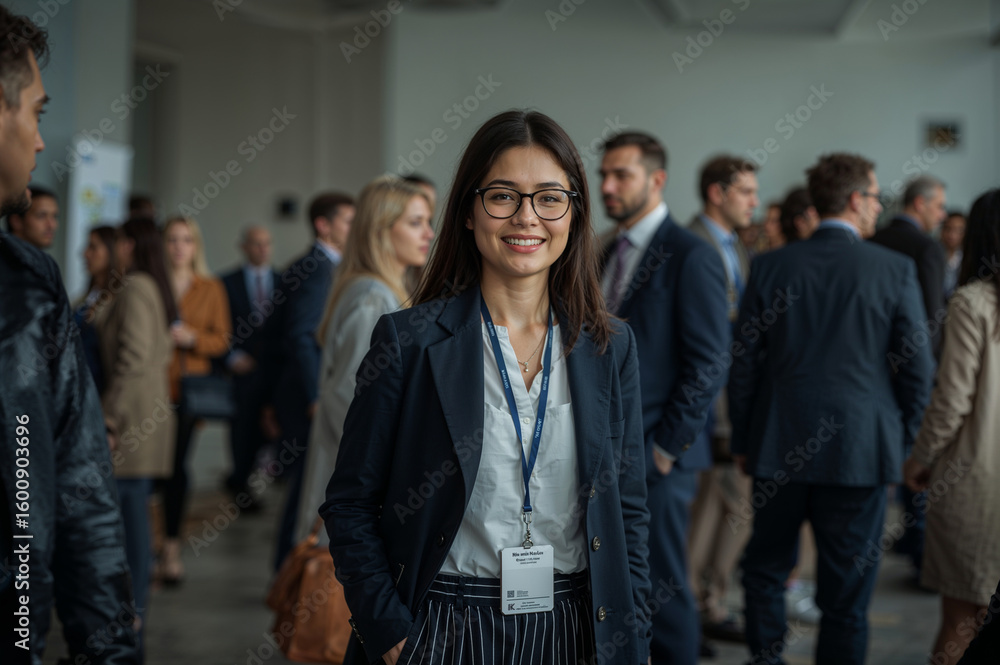 Obraz premium Confident young woman in business attire at a conference event