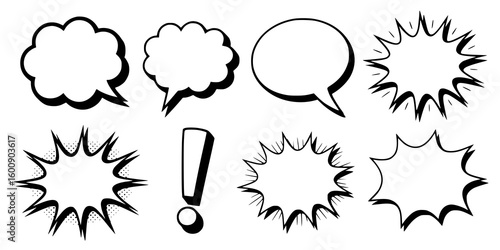Comic Book Speech Bubbles: A collection of classic black and white line art speech bubbles and starburst shapes, perfect for adding a retro pop art feel to your designs.