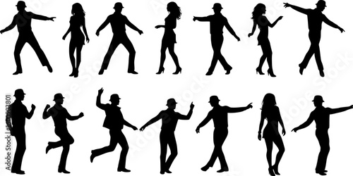 Vector silhouettes of men and women disco dancing.